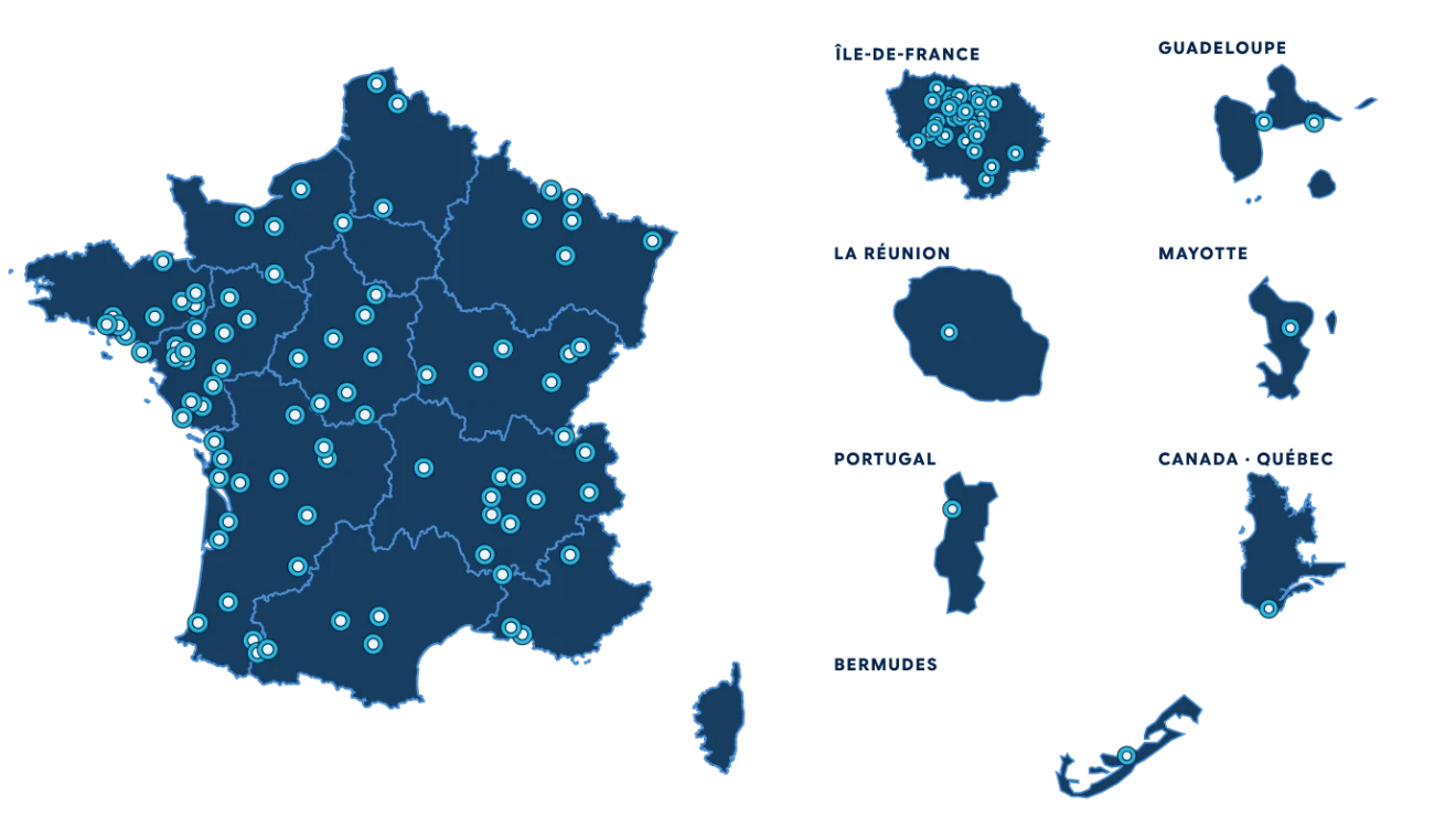 Carte des réseaux équipés par Hubup en France métropolitaine, en Île-de-France, en outre-mer (Guadeloupe, La Réunion, Mayotte), au Portugal, au Québec et aux Bermudes