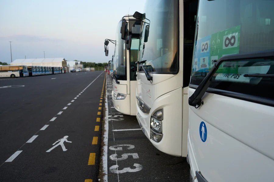 Coaches lined up at an operating site before departure