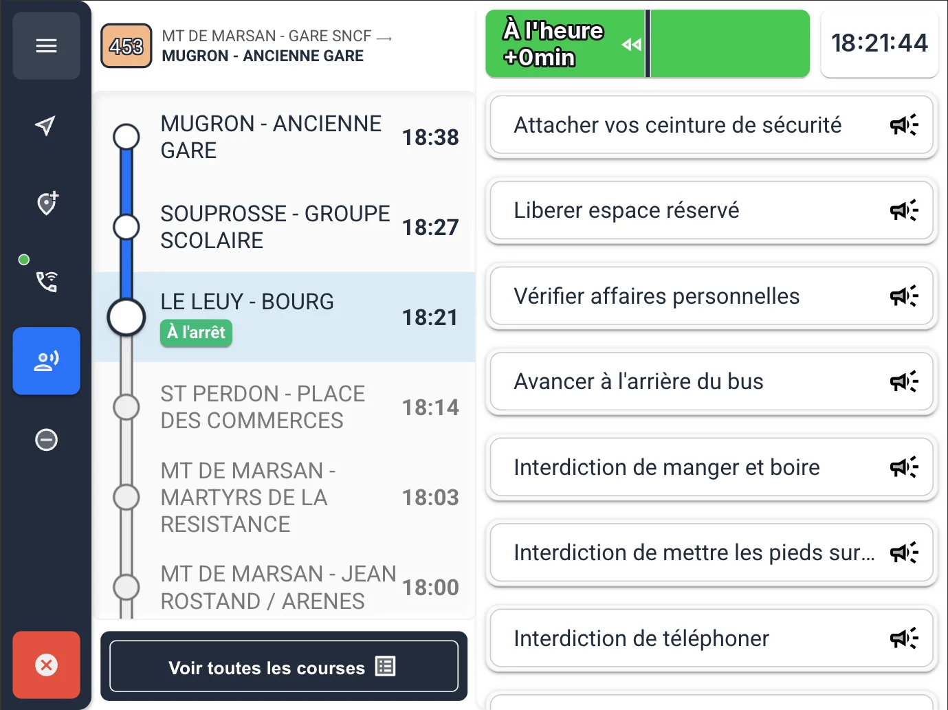 Application conducteur : liste des annonces sonores à diffuser à bord (ceinture de sécurité, espace réservé, affaires personnelles…)