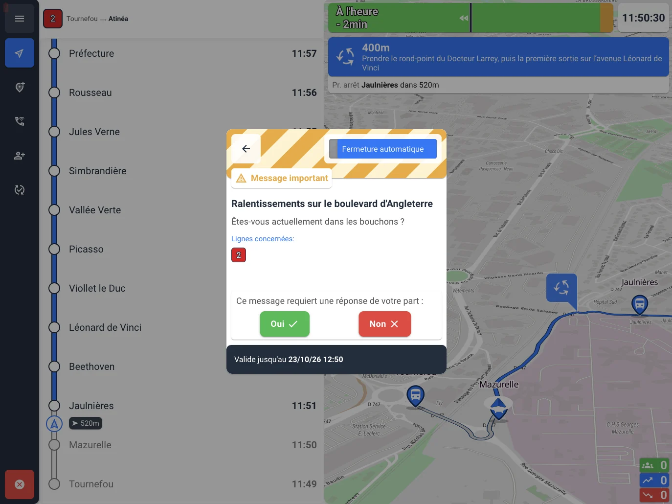 Application conducteur : message important de la régulation sur des ralentissements, avec la ligne concernée et une réponse Oui / Non demandée au conducteur