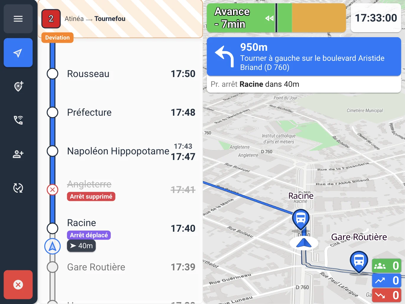 Application conducteur en déviation : thermomètre de ligne avec arrêt supprimé et arrêt déplacé, guidage GPS et avance ou retard