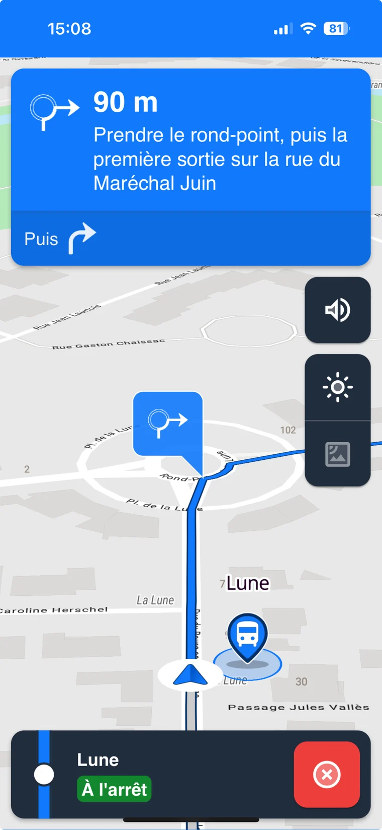 Flexnav driver app on smartphone: turn-by-turn guidance and next stop