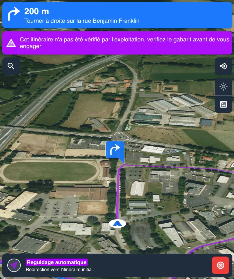 Flexnav tablet: automatic rerouting to the original route, satellite view