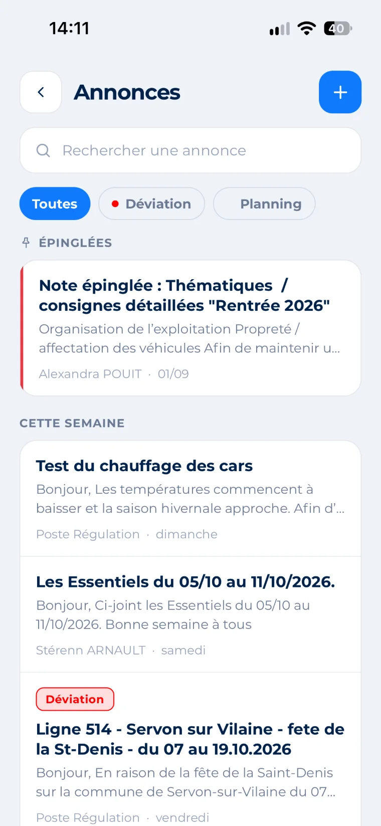 Écran Annonces de l'application Inlink : filtres Toutes, Déviation et Planning, note épinglée et annonce de déviation sur la ligne 514