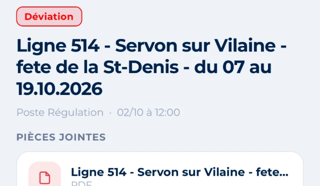 Détail de l'annonce : déviation ligne 514, Servon-sur-Vilaine, fête de la Saint-Denis du 07 au 19.10.2026, avec le plan de déviation en pièce jointe PDF