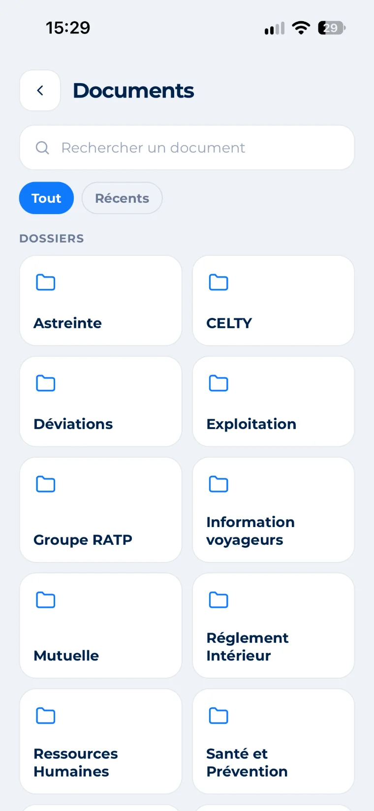 Écran Documents de l'application Inlink : dossiers Astreinte, Déviations, Exploitation, Information voyageurs, Mutuelle, Règlement intérieur, Ressources humaines