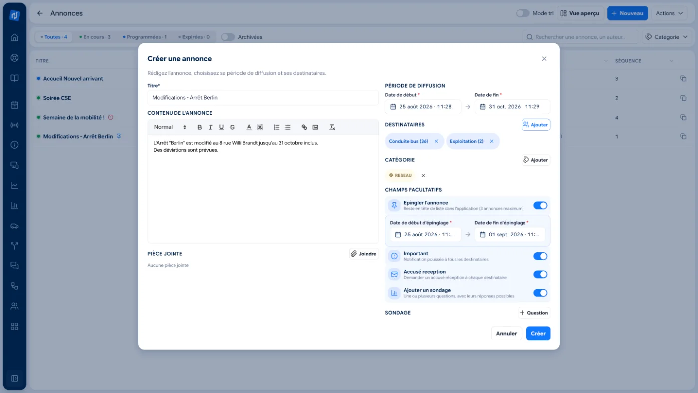 Portail exploitant Inlink : création d'une annonce avec titre, contenu, période de diffusion, destinataires, catégorie, épinglage, notification, accusé de réception et sondage