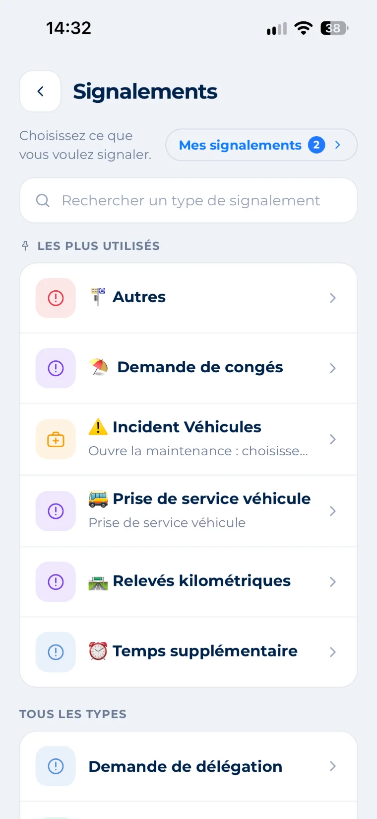 Écran Signalements de l'application Inlink : Autres, Demande de congés, Incident véhicules, Prise de service véhicule, Relevés kilométriques, Temps supplémentaire