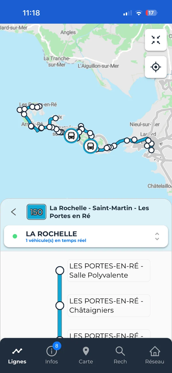 Application voyageur : ligne 150 La Rochelle - Les Portes-en-Ré avec ses véhicules en temps réel sur la carte