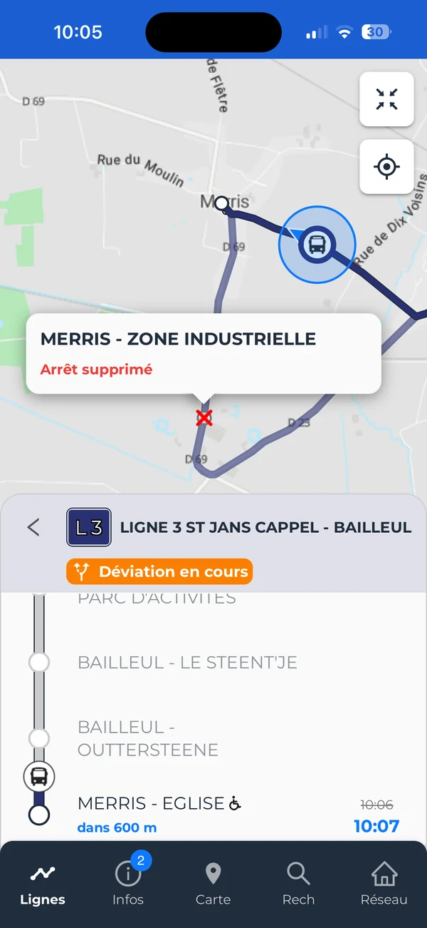 Application voyageur : ligne 3 en déviation, arrêt supprimé signalé sur la carte et prochain passage en temps réel