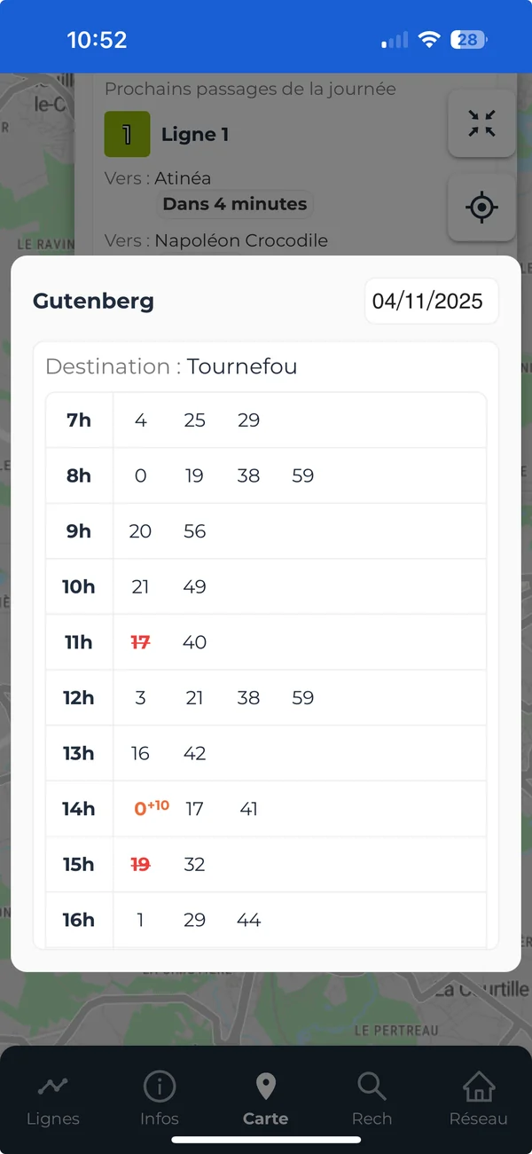 Application voyageur : fiche horaire de l’arrêt Gutenberg avec courses supprimées et retardées