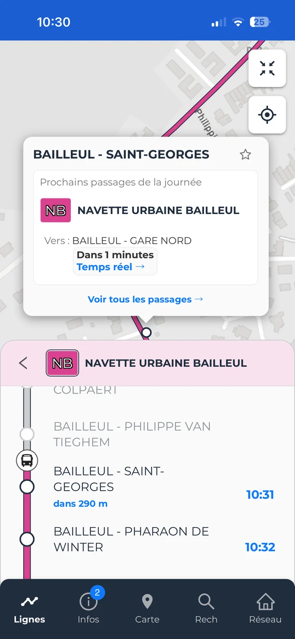 Application voyageur : prochain passage en temps réel à l’arrêt Bailleul - Saint-Georges et position du bus sur la ligne