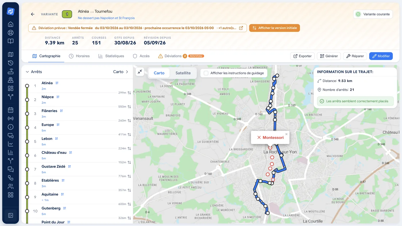 Variante en déviation : tracé dévié sur la carte, arrêts non desservis en rouge, période de la déviation et bouton pour afficher la version initiale