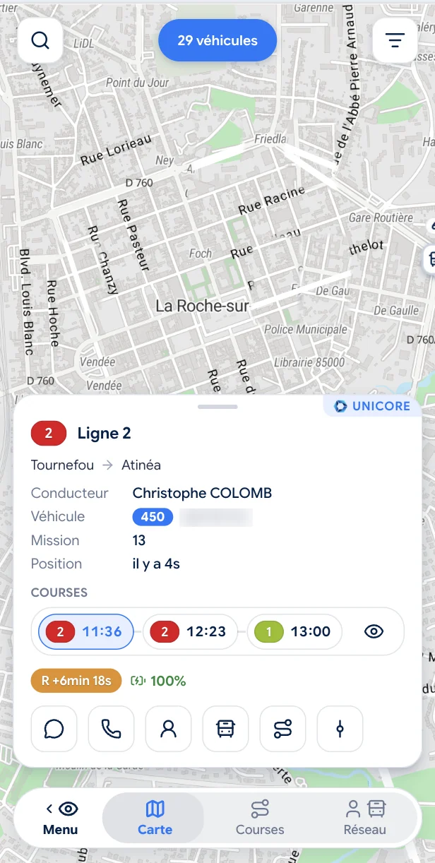 Application Geowatch : carte des véhicules en temps réel et fiche d'un véhicule avec ligne, mission, courses à venir, retard et accès rapide au message, à l'appel et au conducteur