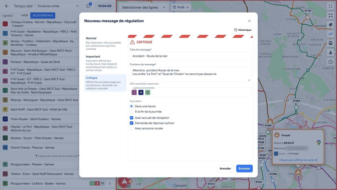 Envoi d'un message de régulation critique aux conducteurs des lignes concernées, avec accusé de réception et demande de réponse, et signalement de fraude relevé sur la carte en temps réel